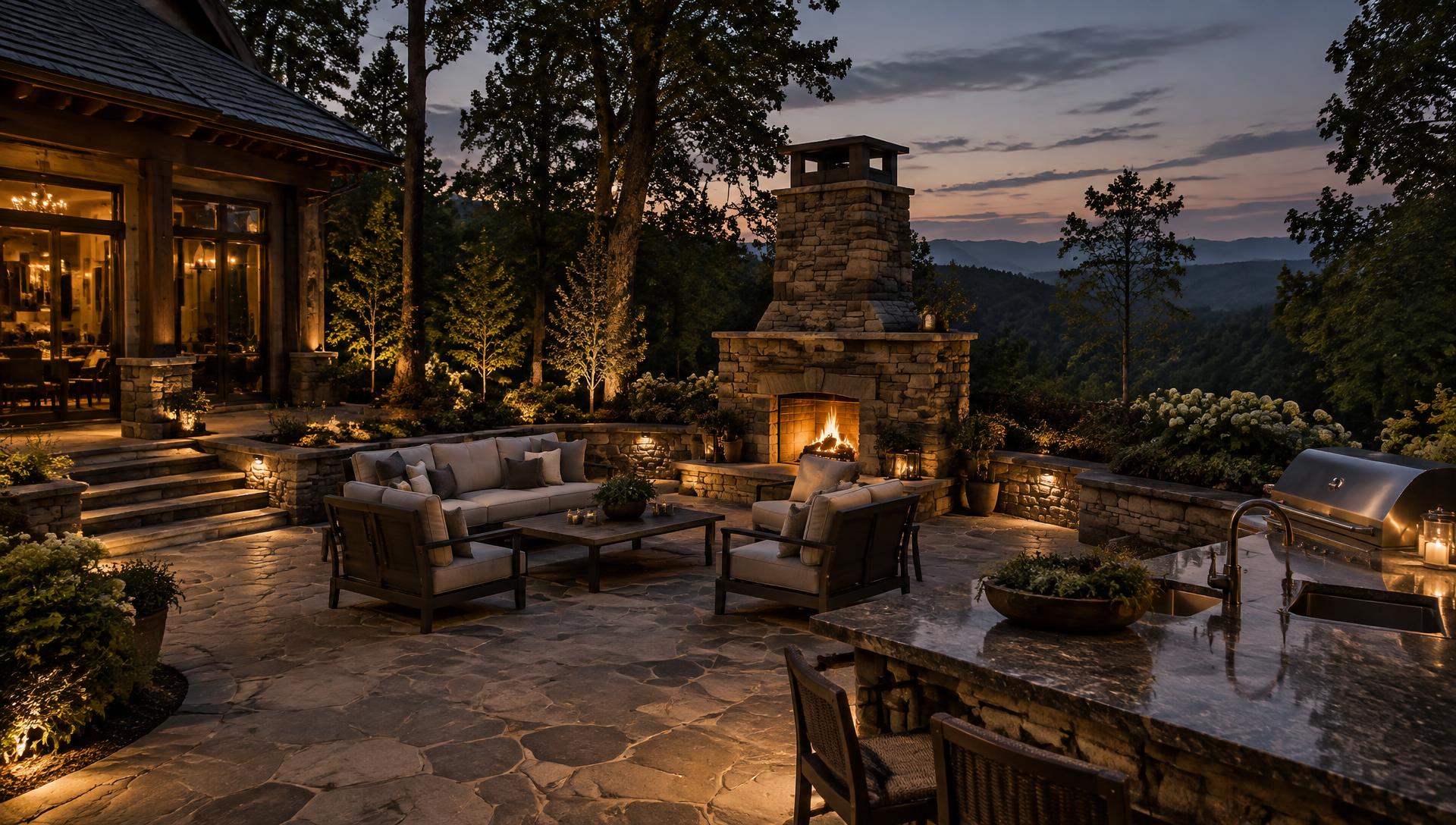 Illustrative luxury stone patio with outdoor fireplace and kitchen at dusk overlooking the North Georgia mountains
